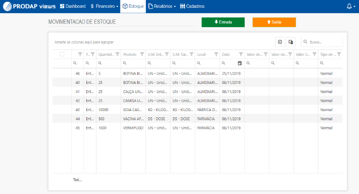 movimentação de estoque no software prodap views